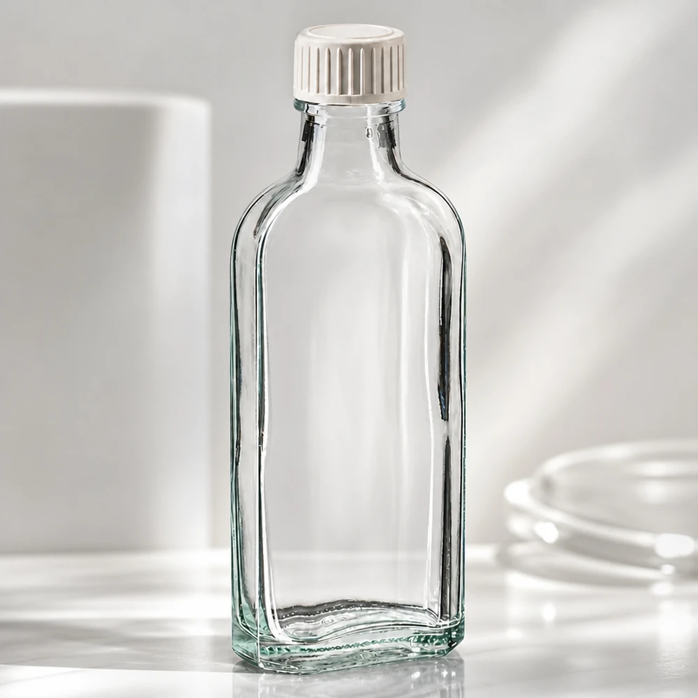 100 ml witte meplatfles met DIN 22 monding, inclusief schroefsluiting DIN 22 wit met PE-schuiminzetstuk Apothekersfles van 100 ml van helder glas met een inzetstuk van PE-schuim voor luchtdichte bewaring