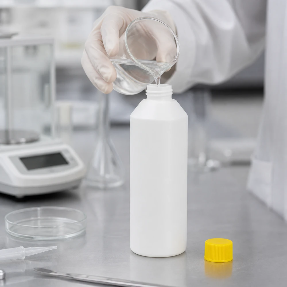 PET cilinderfles 250ml wit met schroefsluiting geel Farmaceutische kunststof fles van 250 ml, wit, met kindveilige gele dop in gebruik