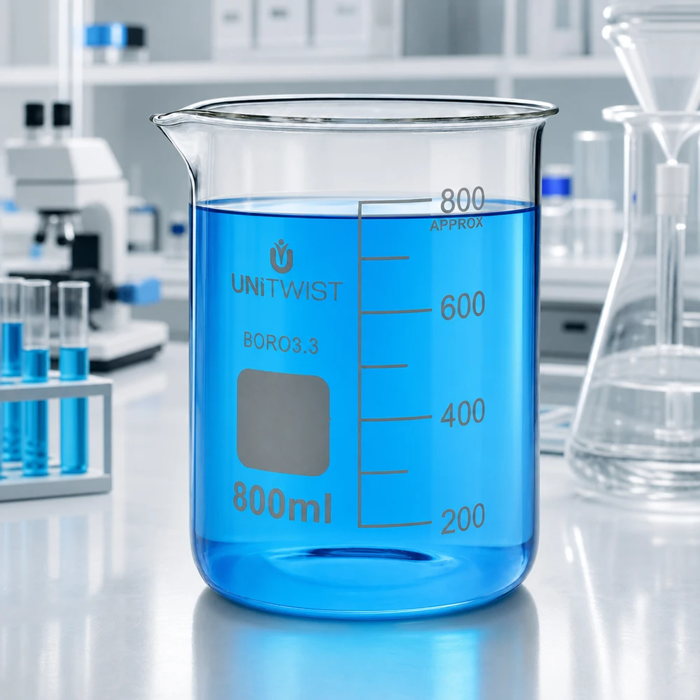 Beker 800ml borosilicaat, lage vorm UNiTWIST Doorzichtig borosilicaat bekerglas 800 ml, laag model met schenktuit UNiTWIST
