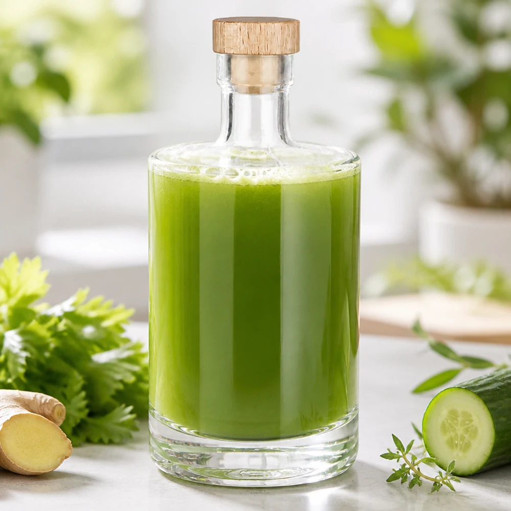500 ml glazen fles 500ml Glasflasche "Marie" mit Holzgriff-Korken UNiTWIST met houten handgreep UNiTWIST® 500ml glazen fles Marie gevuld met groen groentesap - houten kurk - lifestyle foto met komkommer en gember