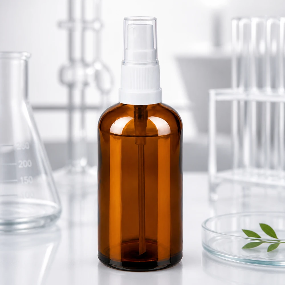 100ml sprayflacon wit/tr. STD BrownLine UT18/100 Amberkleurige 100 ml sprayflacon met witte verstuiver voor nauwkeurige dosering van essences