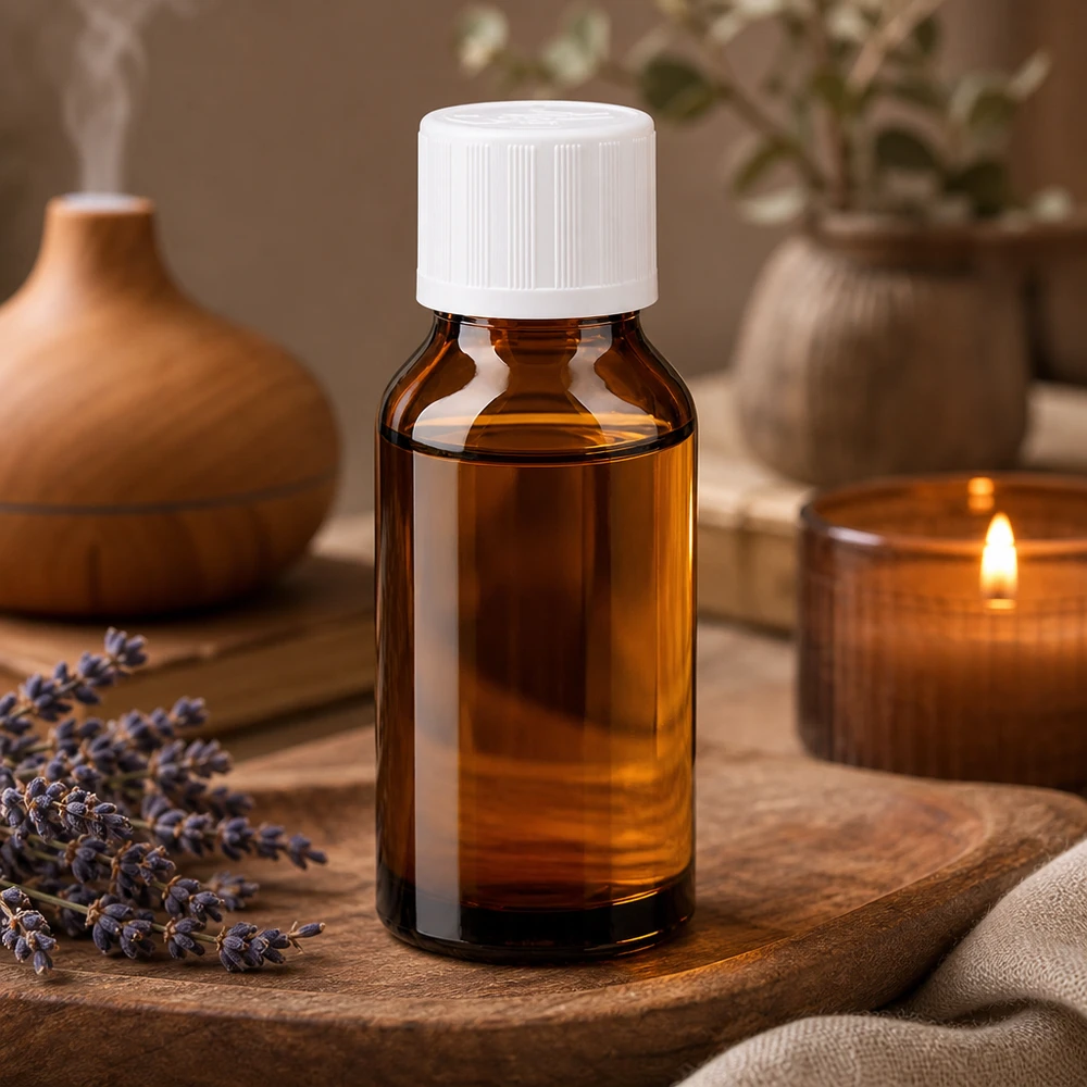 Flesje etherische olie van 15 ml, bruin met witte KiSi-dop, in spa-sfeer