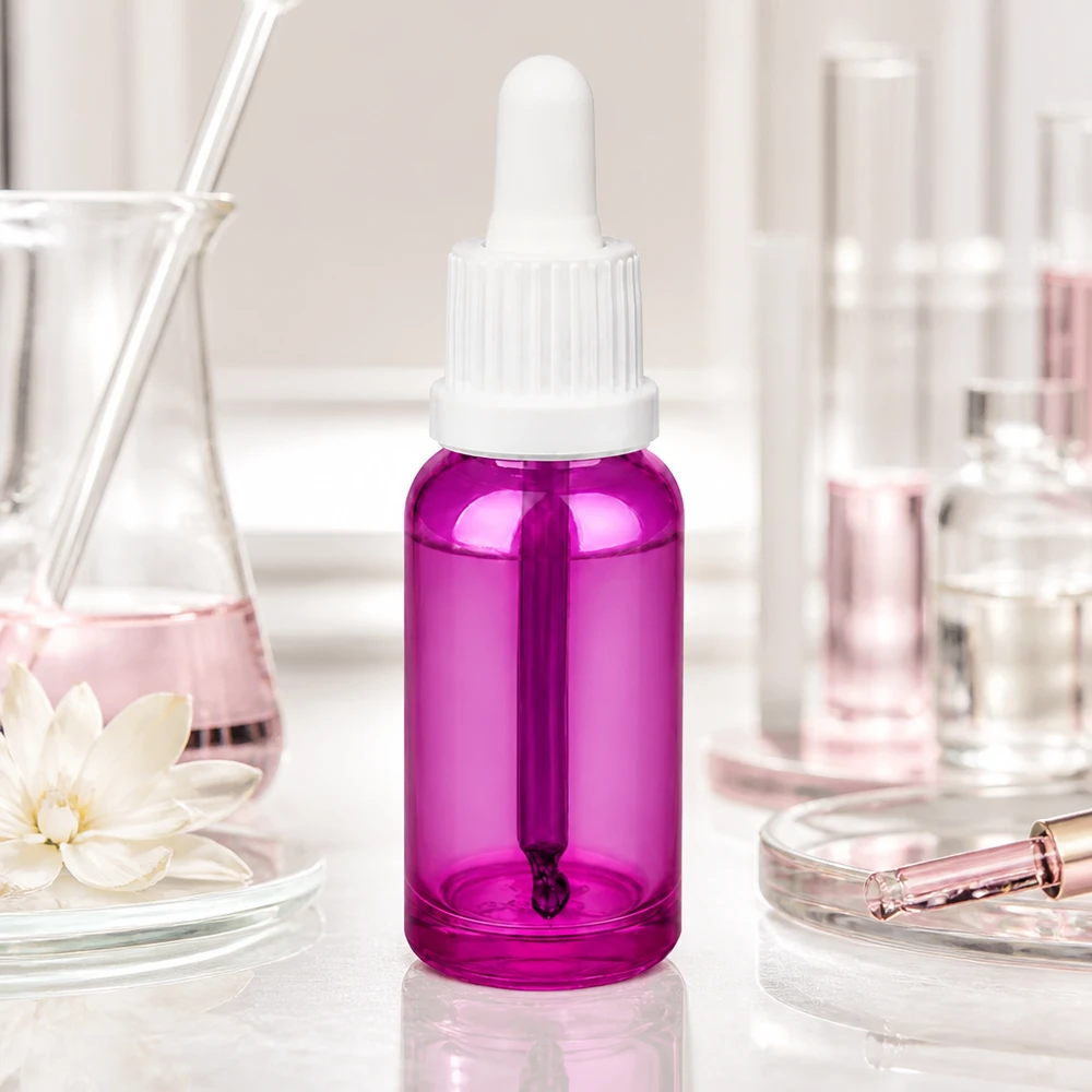 Paars 20ml doseerflesje met witte druppelaar, ideaal voor doe-het-zelf cosmetica