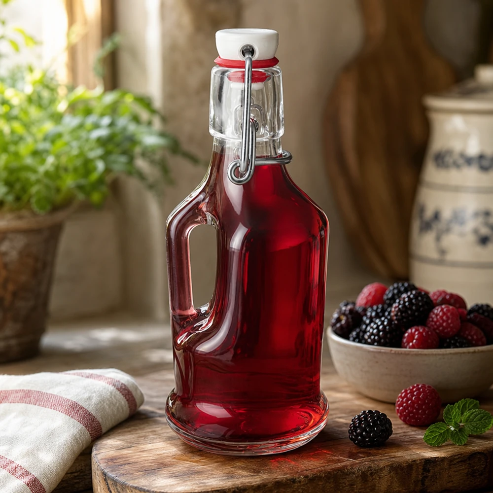 200 ml glazen fles Bertha en porseleinen beugelsluiting UNiTWIST® 200ml glazen fles Bertha met rode bessen vulling lifestyle tafereel keuken sfeer porselein klapdeksel UNiTW