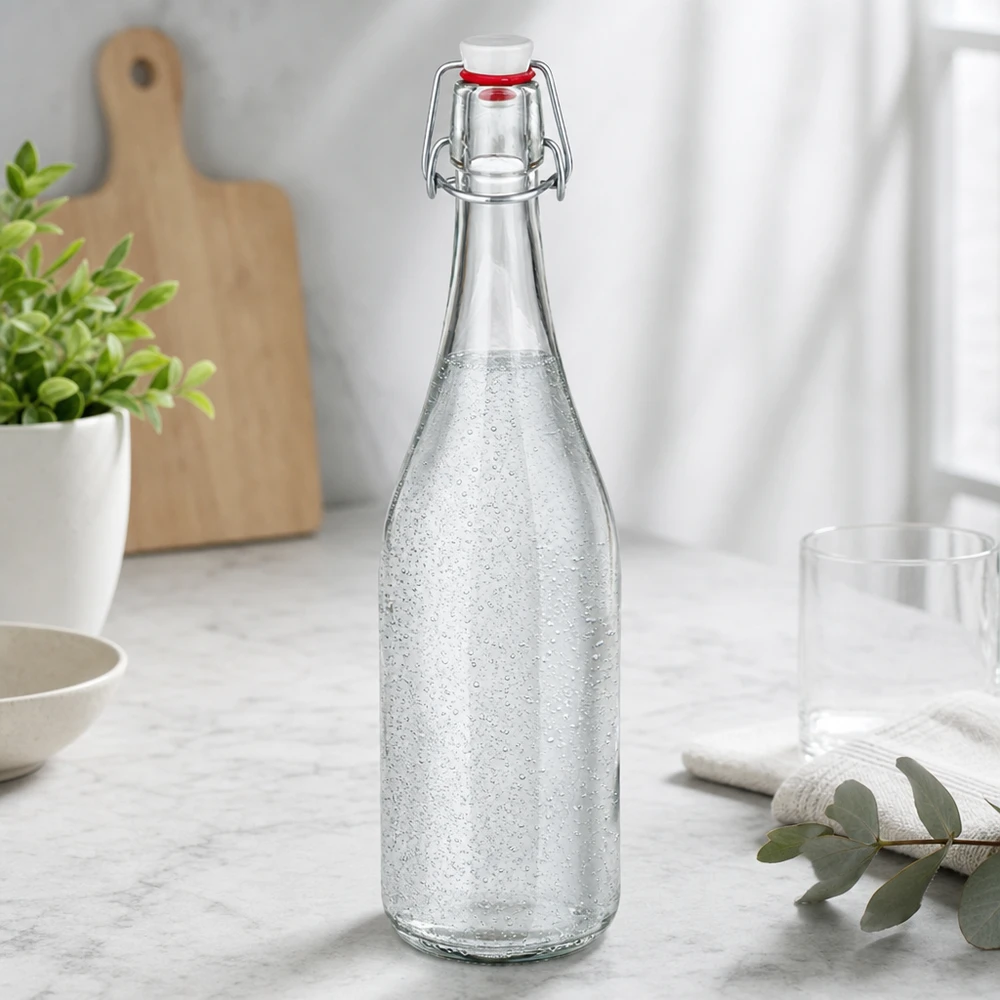 750 ml glazen fles met draaidop gevuld met bruisend water Modern keukendecor marmeren werkblad