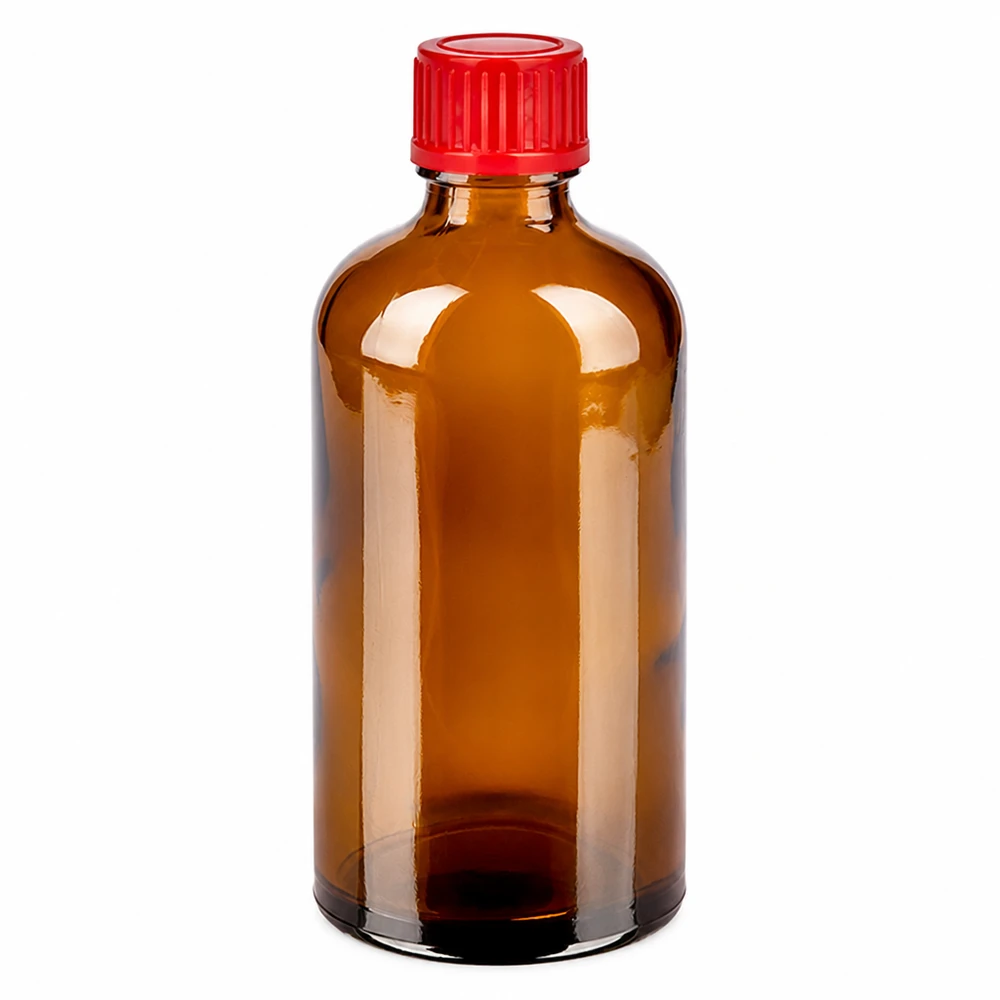 Compacte medicijnfles 100ml van donker glas met rode verzegelbare sluiting