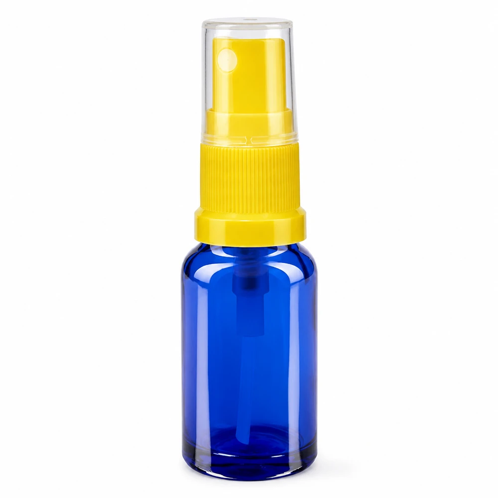 Blauwe glazen flessen 10ml met geel pompverstuiver Compacte pompsprayfles van 10 ml, gemaakt van blauw veiligheidsglas, met een gele sproeikop en een stofkapje