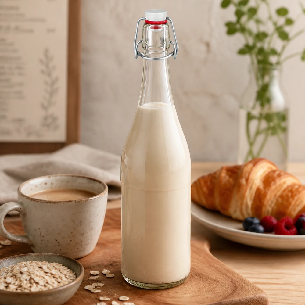 750ml glazen fles met draaidop gevuld met melk Keukenscène ontbijt croissant havervlokken naturel