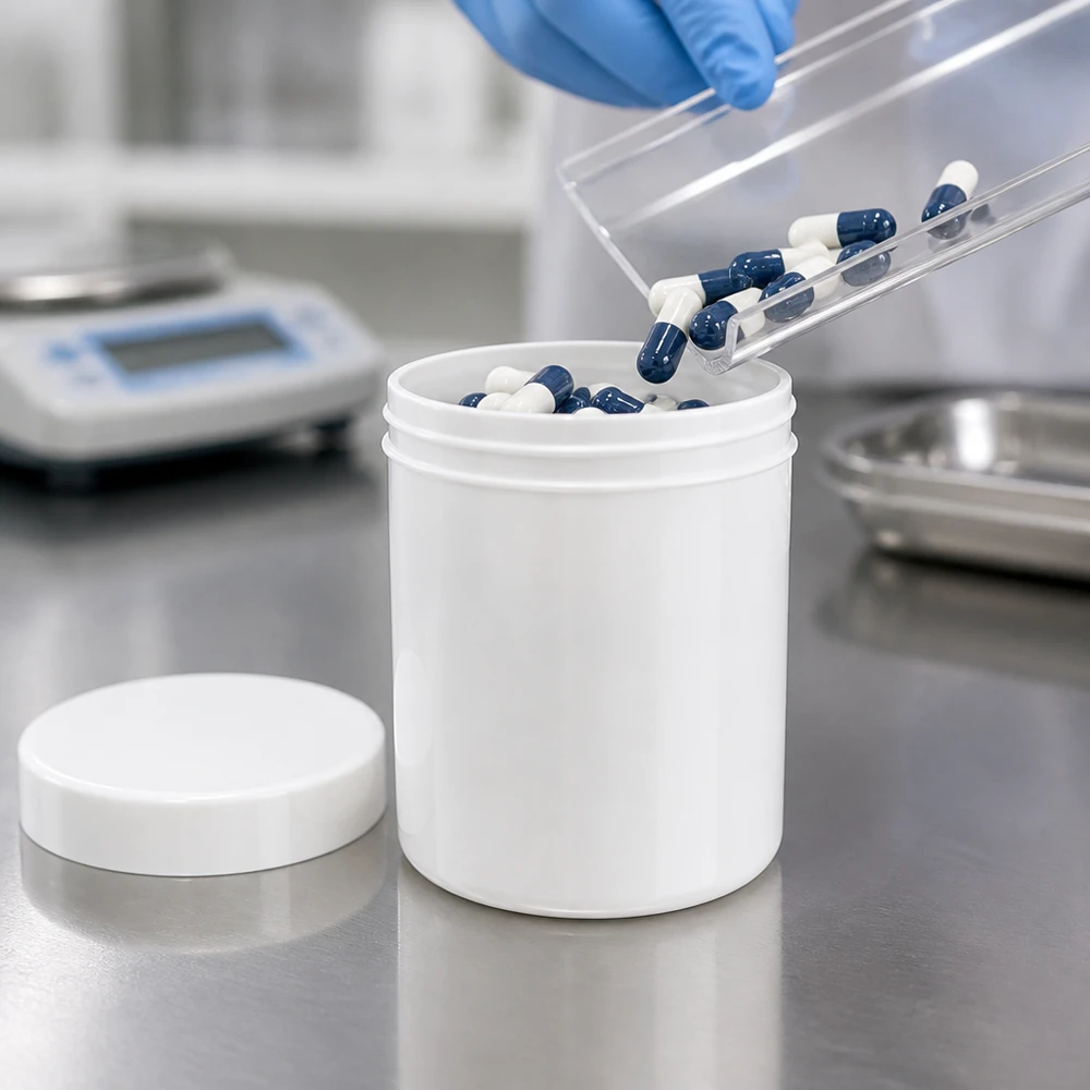 Cilindrische witte PP-pot van 100 g met schroefdeksel, gevuld met harde capsules
