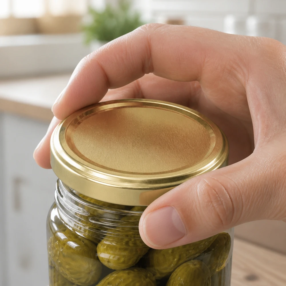 BasicSeal inmaakdeksel TO66 66 mm in goud op een glazen pot met groene cornichons van UNiTWIST