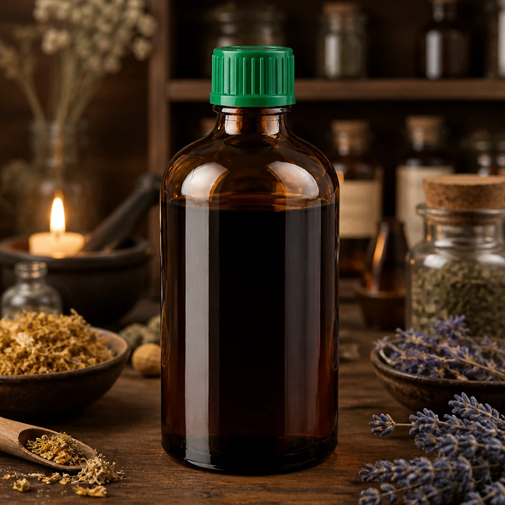 Handige amberkleurige glazen fles van 100 ml met stevige groene dop voor dagelijks gebruik