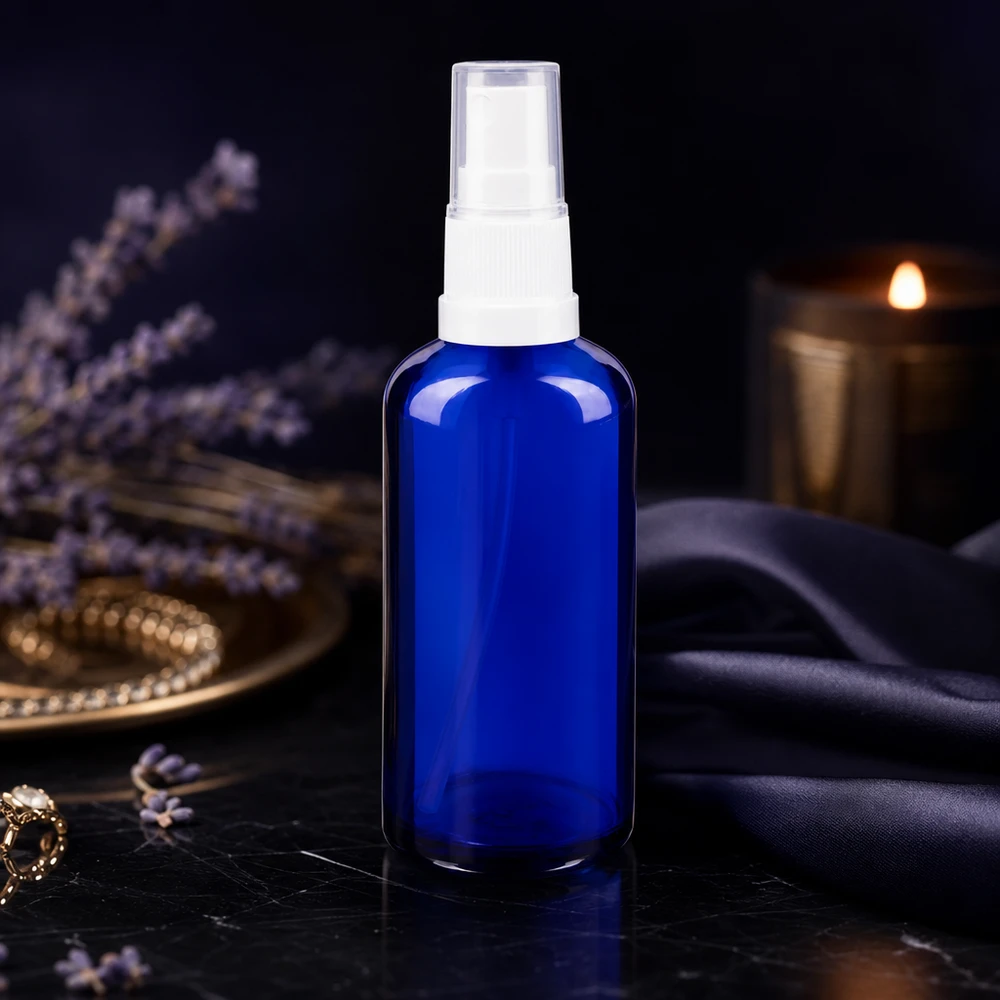 Apothekerspuitflesje van 50 ml in kobaltblauw met een witte pompverstuiver tegen een lavendelachtergrond