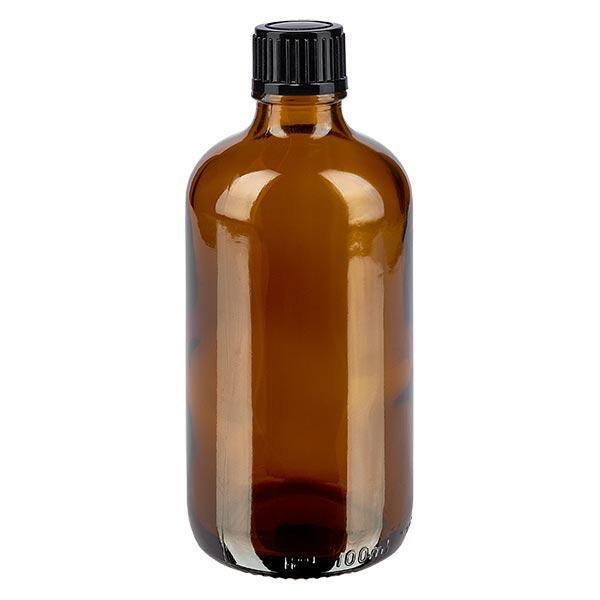 Bruine glazen fles 100ml met zwart schroefsluiting St Bruine glazen fles 100ml met zwart schroefsluiting St