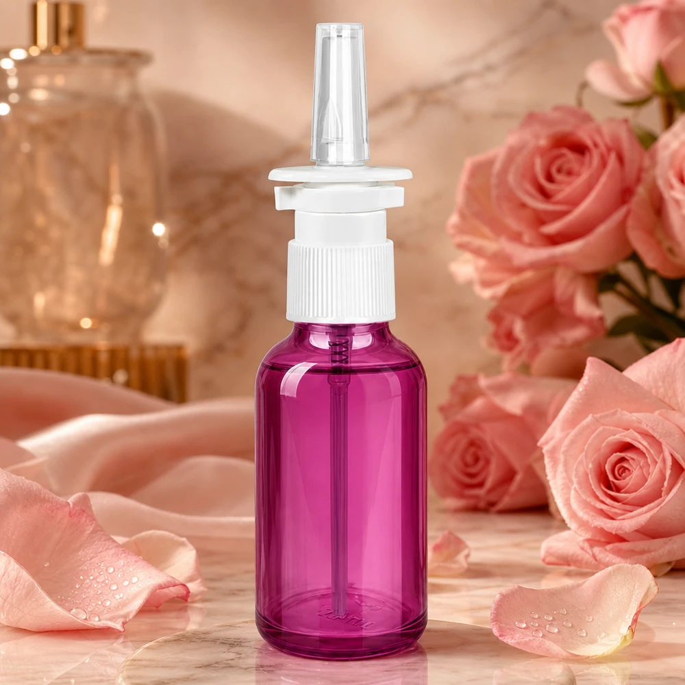 30ml neussprayfles wit/transparant standaard PurpleLine. UT18/30 Robuust glazen flesje van 30 ml in violet met nauwkeurig verstuivingssysteem voor een gelijkmatige verdeling van de neusspray