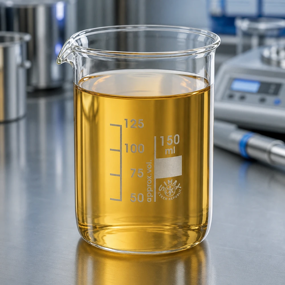 Scheikundebeker 150ml lage vorm met amberkleurige oplossing op laboratoriumwerkstation