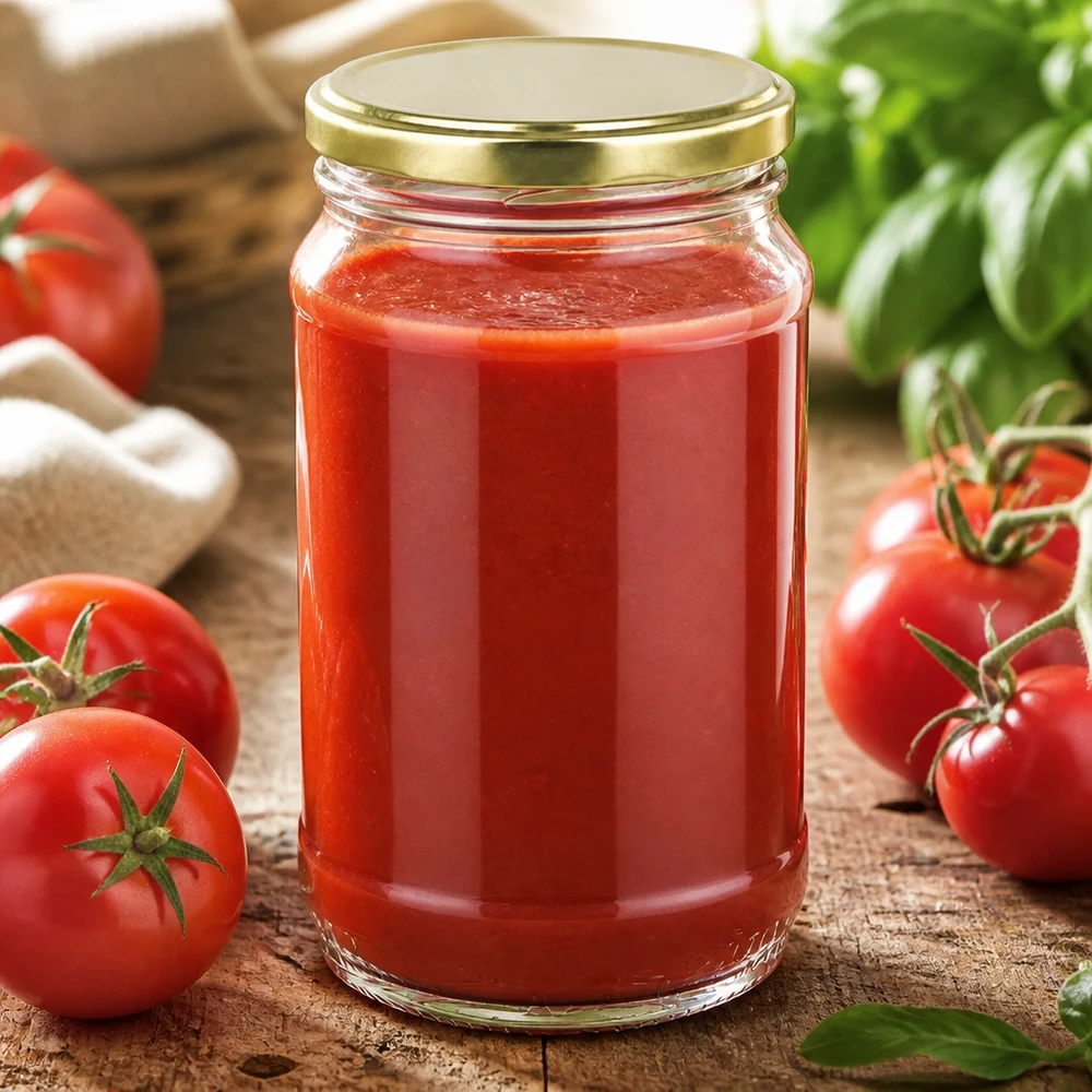 Rond glas van 370 ml + BasicSeal goud UNiTWIST Compact rond glazen potje UNiTWIST van 370 ml met een gouden schroefdeksel en felrode tomatensaus