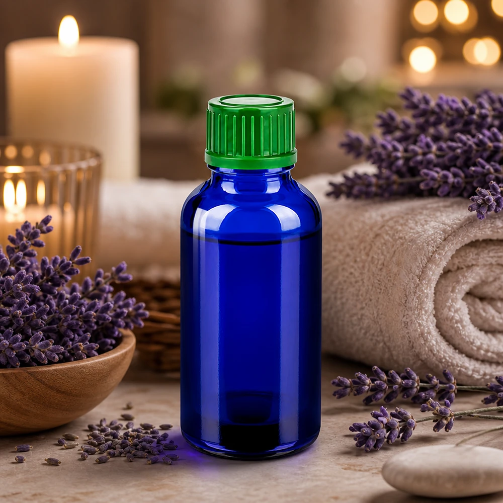 30ml amberkleurig glazen flesje BlueLine serie met kindveilige groene dop