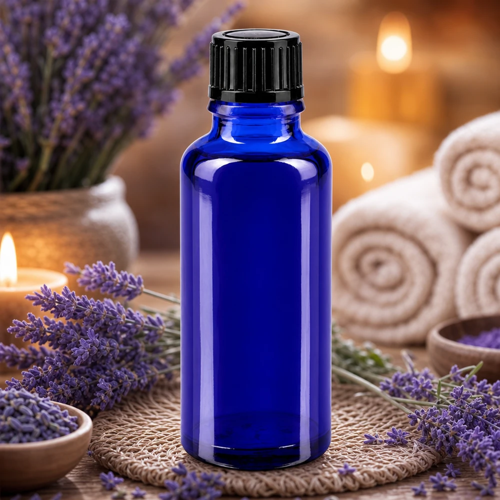 Donkerblauwe apofles van 30 ml met zwarte schroefdop op een wilgenmat