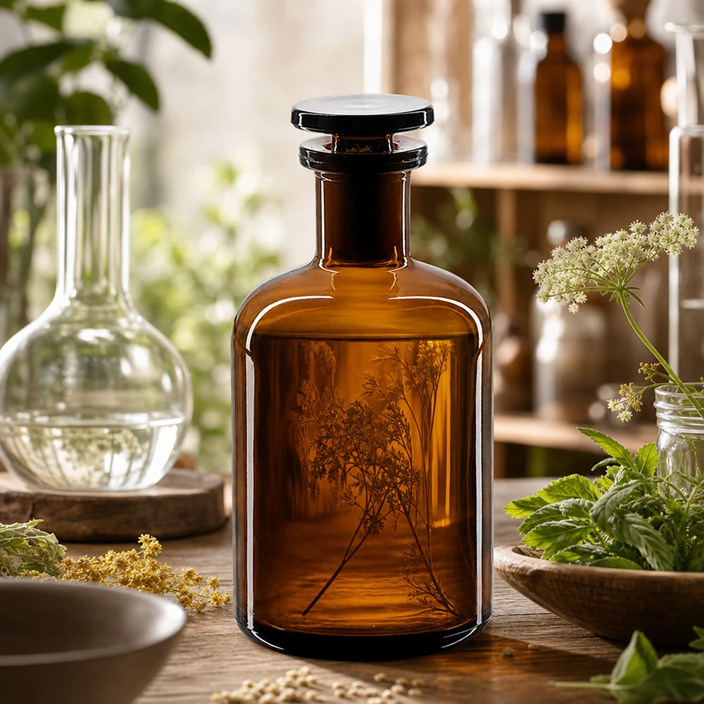 Donkere voorraadfles 100 ml, smalle hals, glazen dop, UV-bescherming voor vloeistoffen