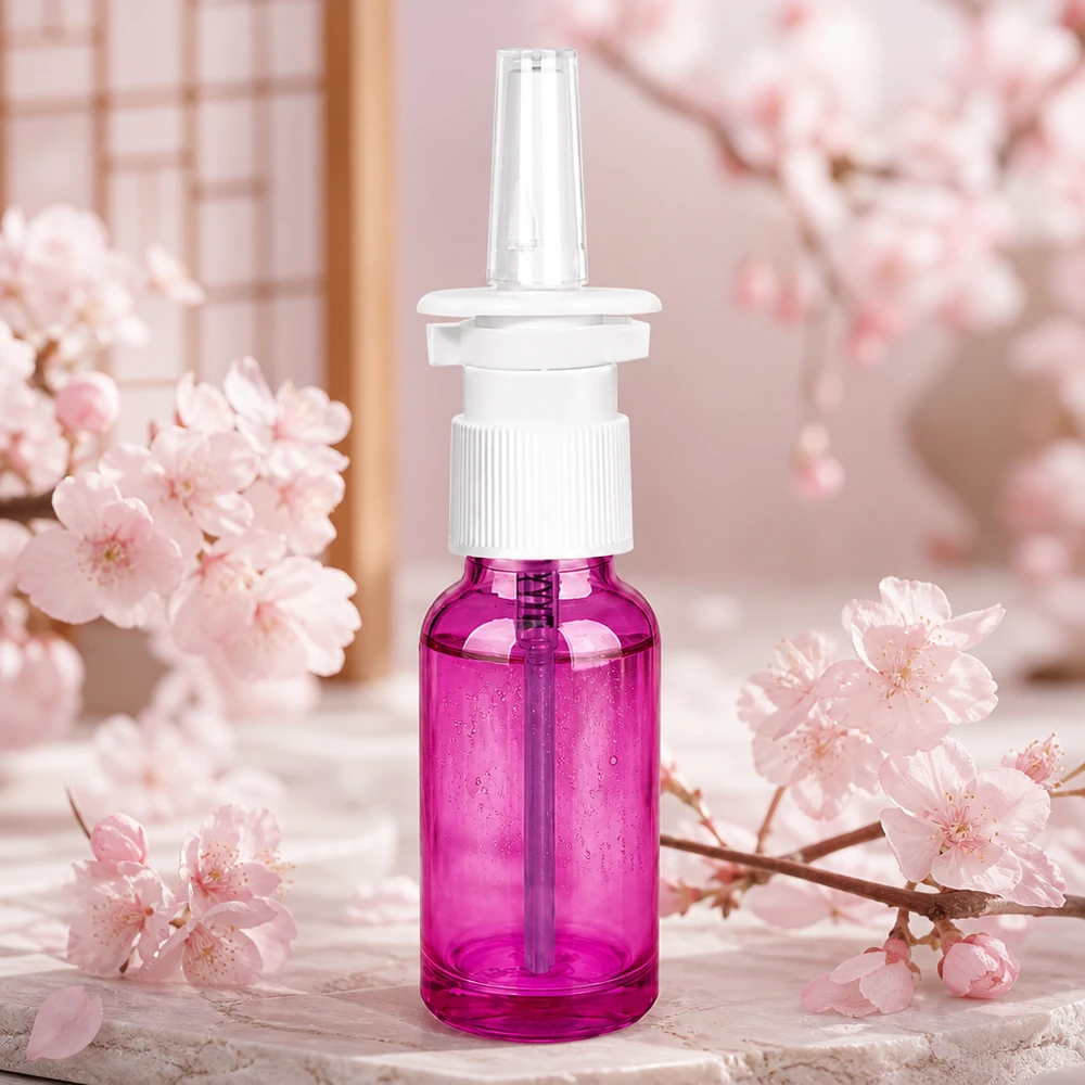 20ml neussprayflesje met witte pompdop in paars voor hygiënisch gebruik