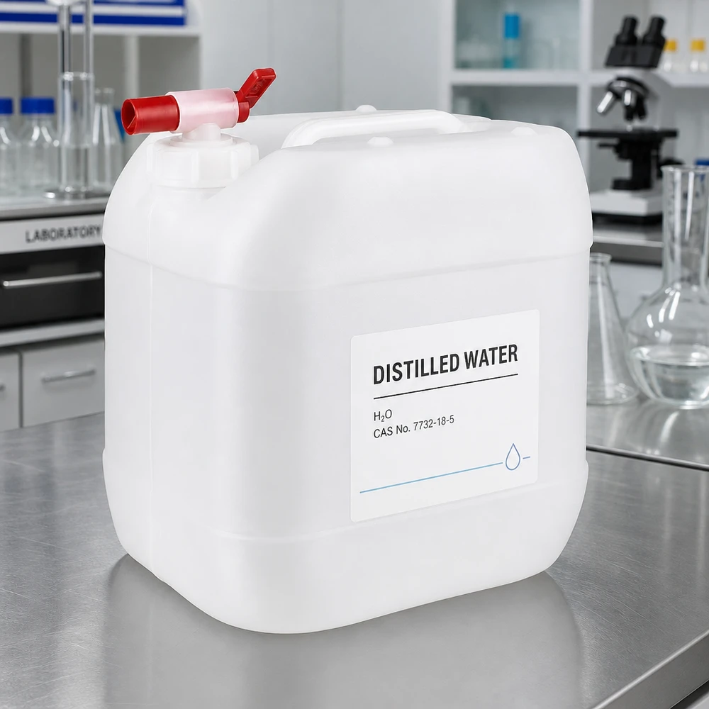15l jerrycan met aftapkraan, UN-toelating Rechthoekige jerrycan van 15 liter met tapkraan op een roestvrijstalen tafel in het laboratorium
