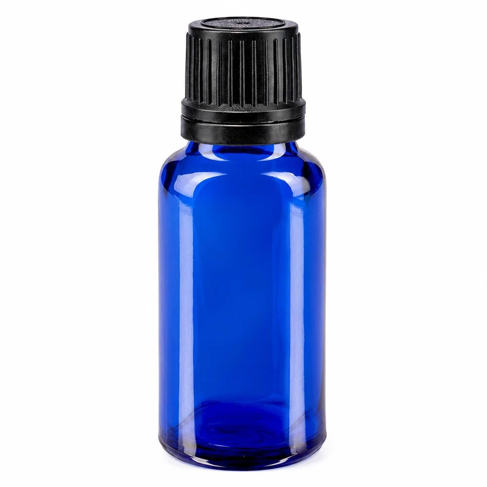 Blauwe glazen flessen 20ml met wit druppelsluiting 1mm VR Kleine blauwe glazen fles van 20 ml met een druppelopening van 1 mm en een zwarte originaliteitssluiting met UV-bescherming