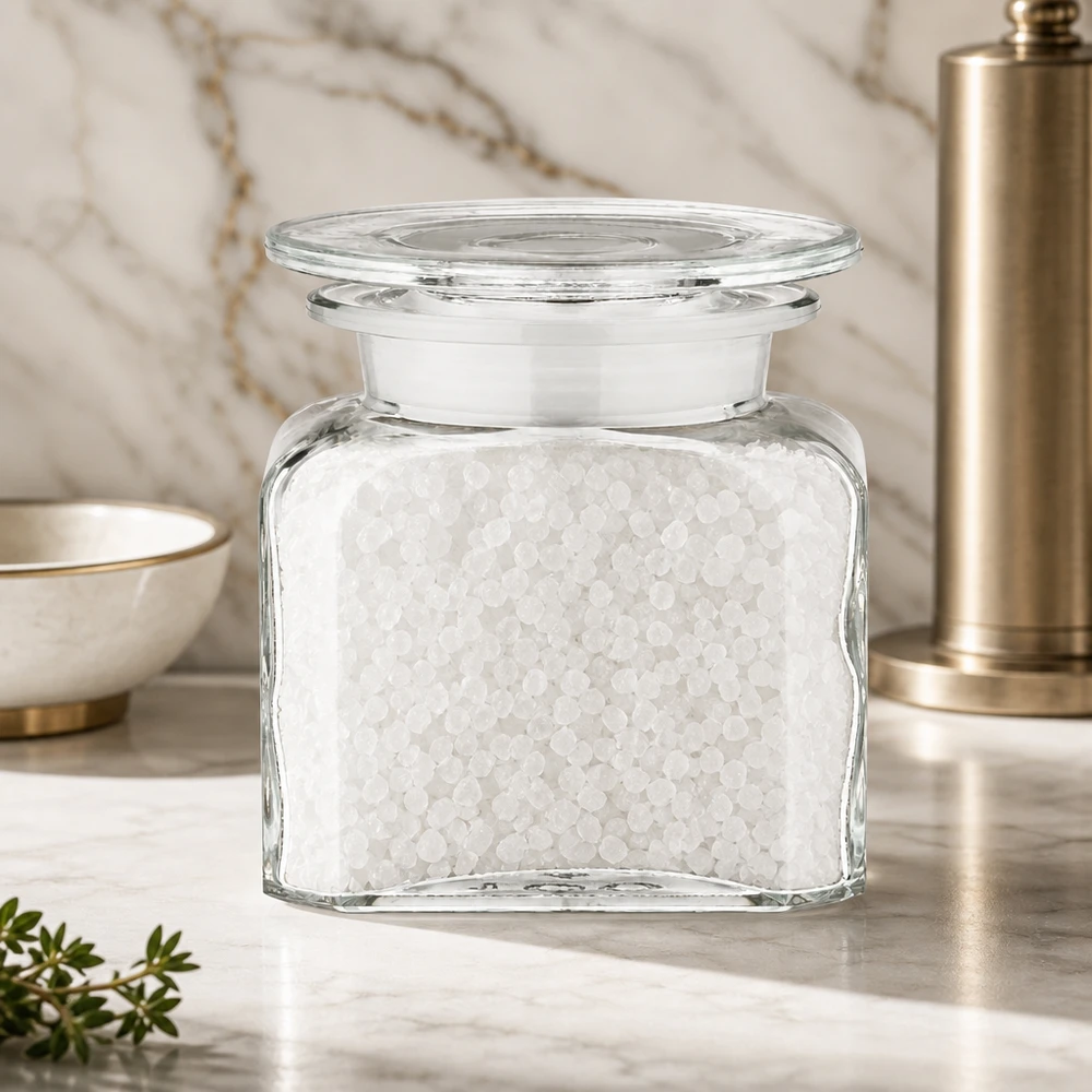 Stijlvol vierkant apothekersglas van 100 ml met zeezout op een lichte marmeren steen