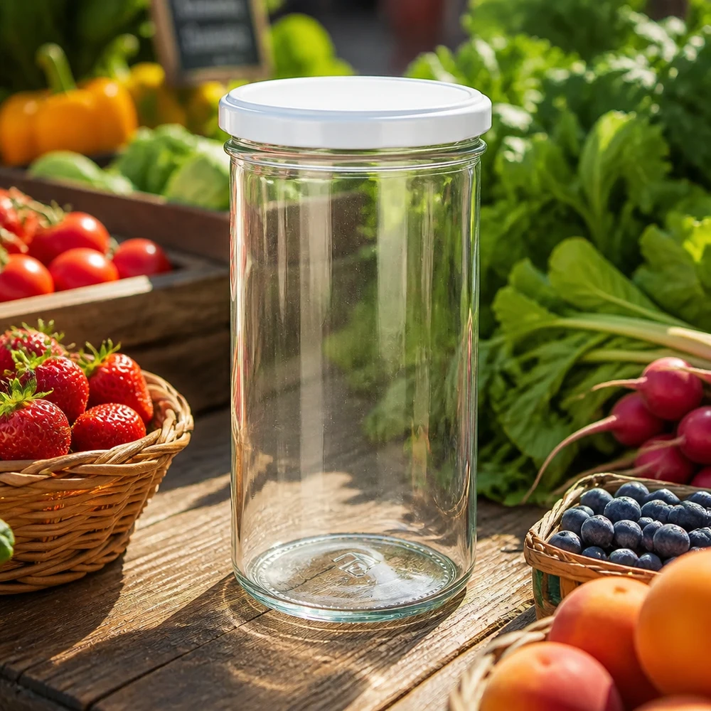 277 ml mason jar met wit deksel op een houten tafel omringd door vers fruit en groenten - ideaal om te bewaren