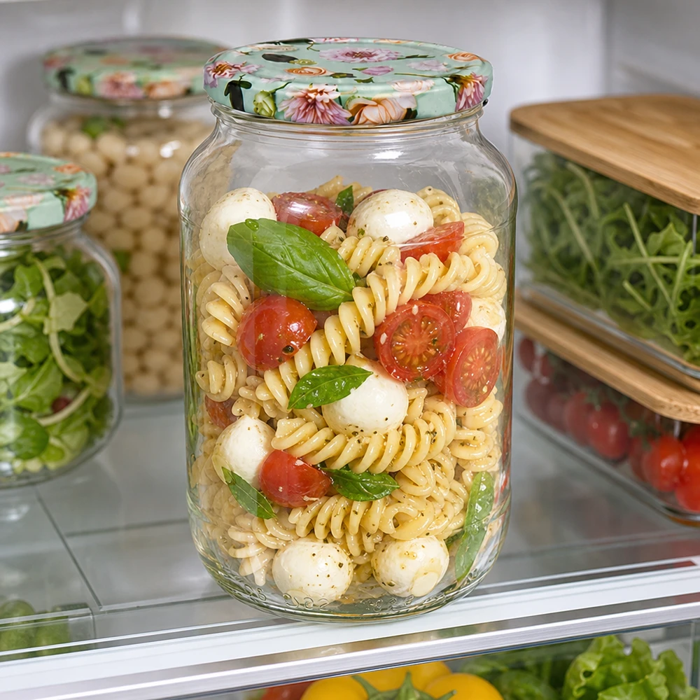 Ronde pot 1062 ml + deksel BasicSeal mintbloem UNiTWIST Ronde pot 1062ml met BasicSeal deksel bloemenmunt gevuld met pastasalade in de koelkast Meal Prep Container