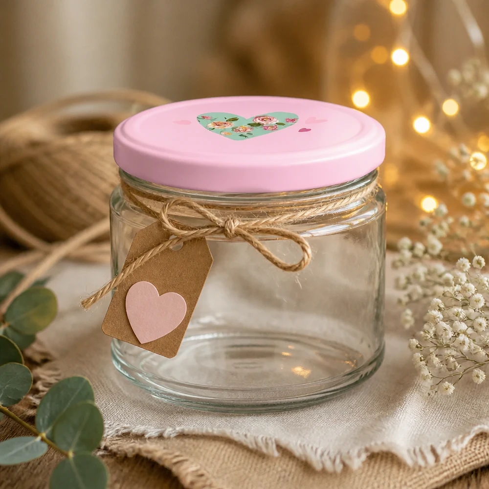 Ronde pot 330 ml + deksel BasicSeal roze hart UNiTWIST 330 ml ronde pot met roze hartvormig deksel en cadeaulabel, versierd met sprookjesverlichting en gedroogde bloemen