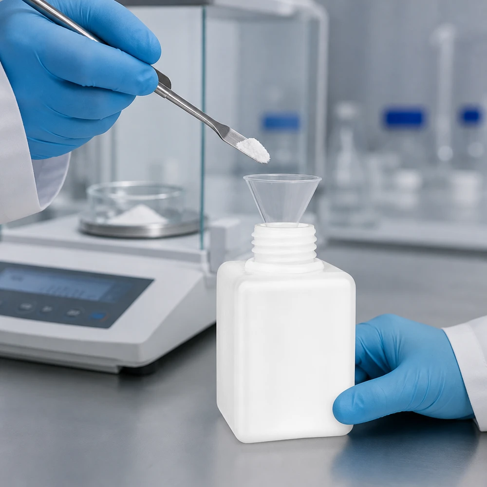 Chemicaliënfles 100 ml, nauwe hals Veilige opslag van laboratoriumpoeder in een vierkante PE-HD-fles met smalle hals van 100 ml met trechter GL 25