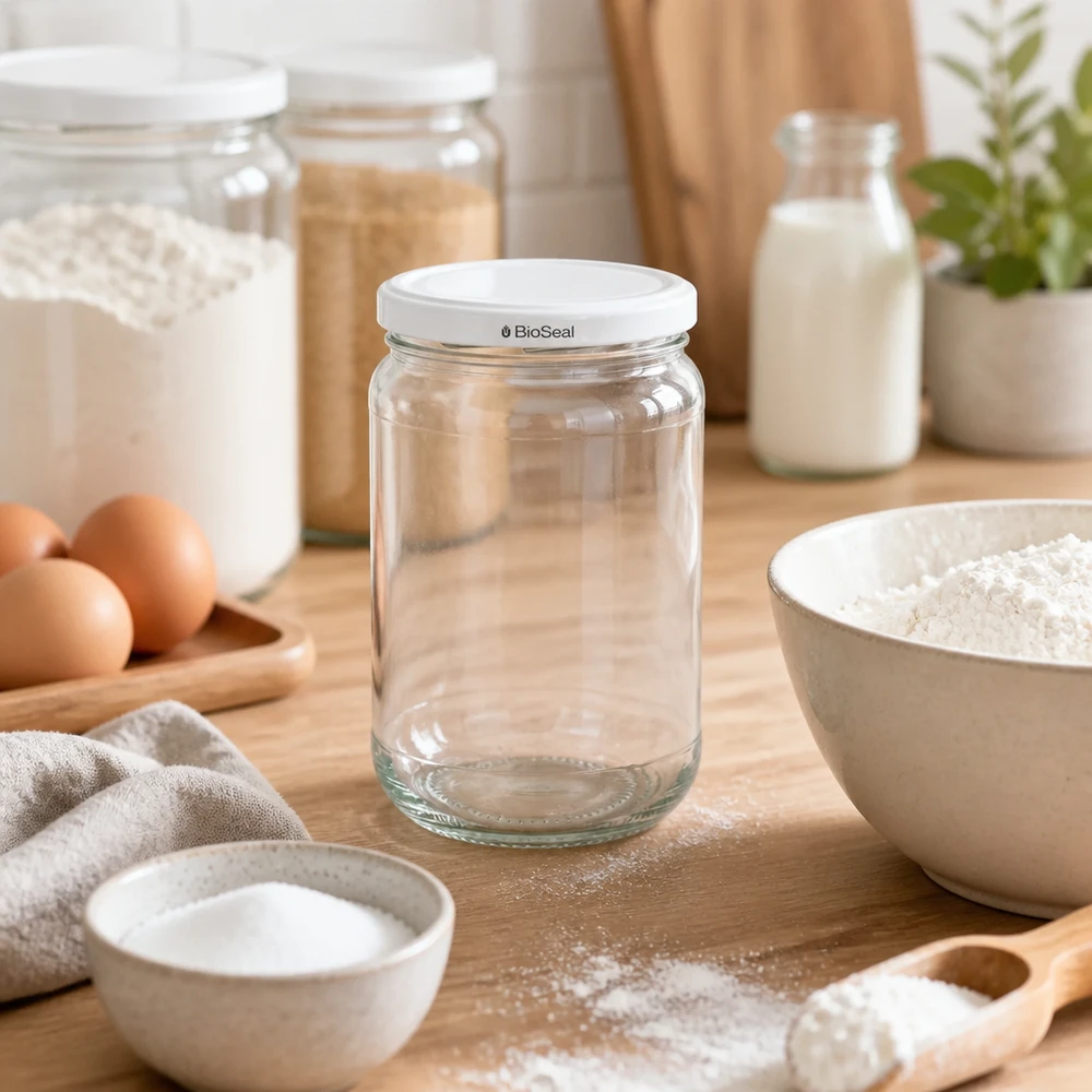 305ml rond glas met BioSeal deksel wit UNiTWIST UNiTWIST Runda305 inmaakpot met wit BioSeal deksel tussen bakingrediënten - ideaal voor meel en keukenbenodigdheden