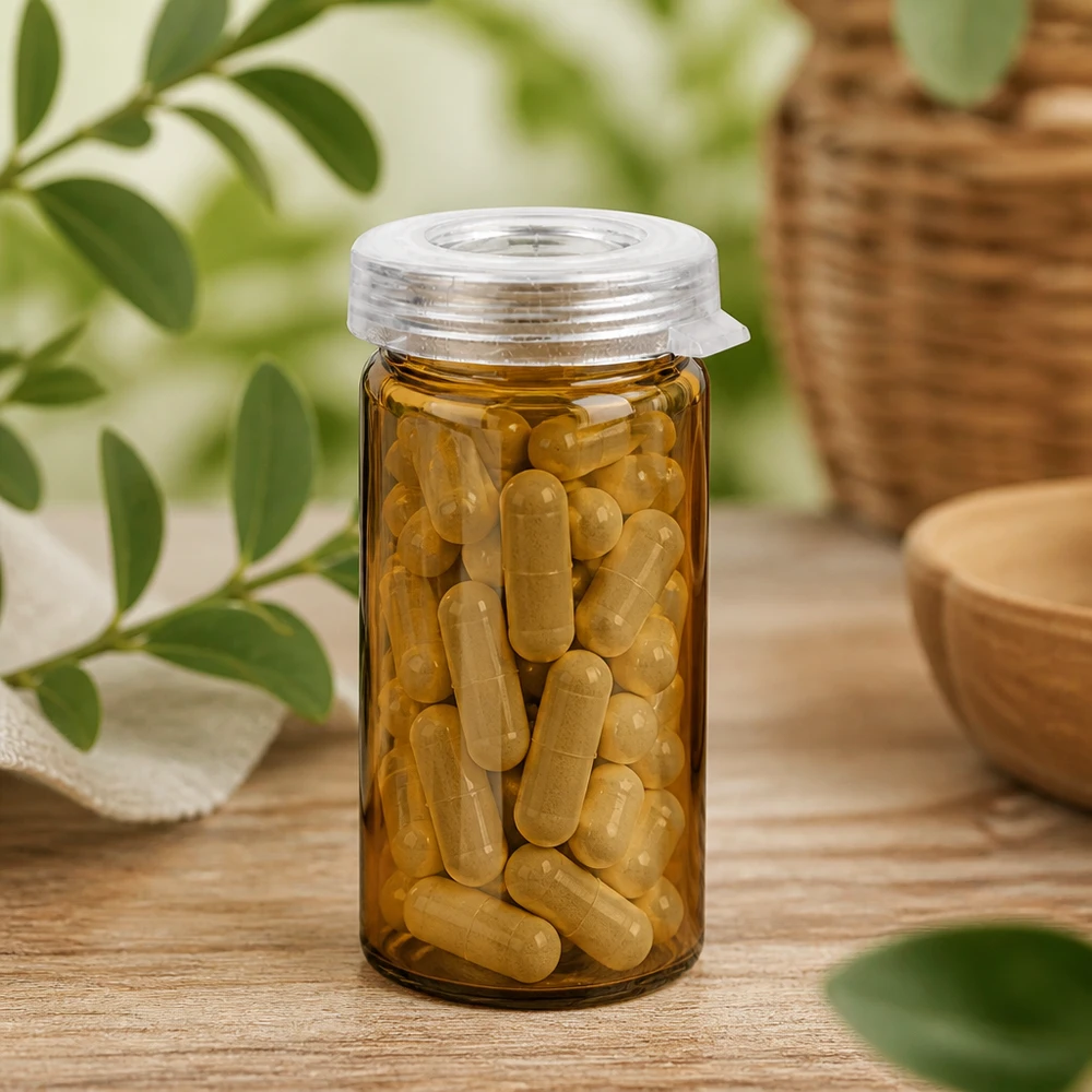 Medisch glas 5 ml, amberkleurig met UV-bescherming, gevuld met capsules met voedingssupplementen