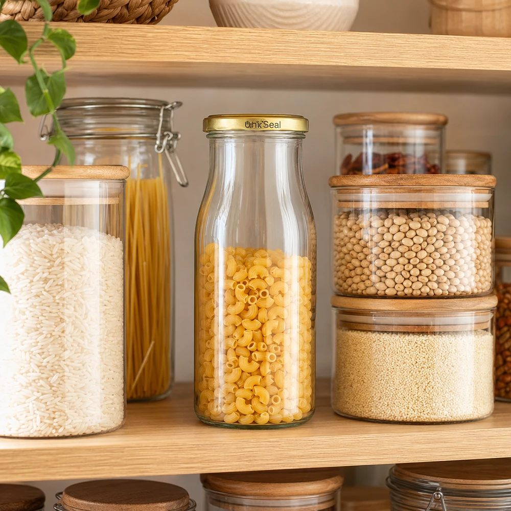 UNiTWIST glazen fles 150ml gouden BioSeal deksel gevuld met pasta tussen voorraadpotten voorraad organisatie