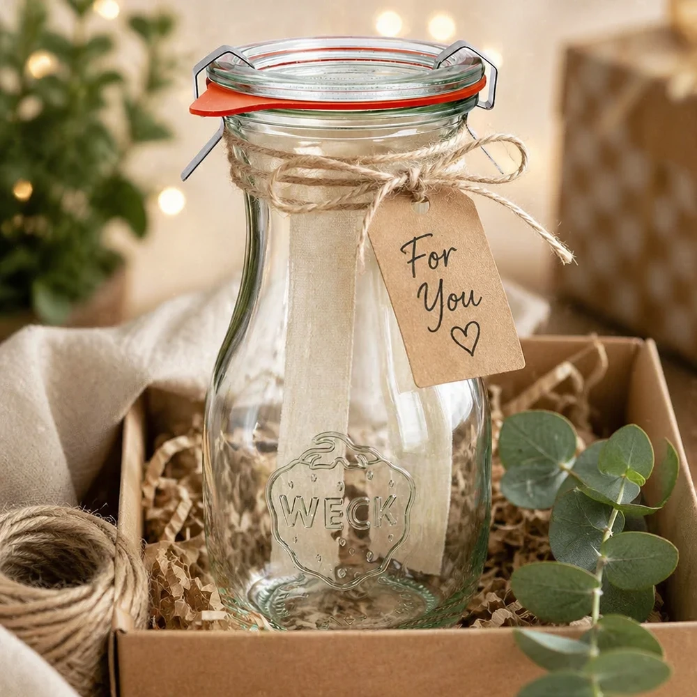 WECK sapfles 290ml RR60 als geschenk versierd met strik en label in een rustieke geschenkdoos