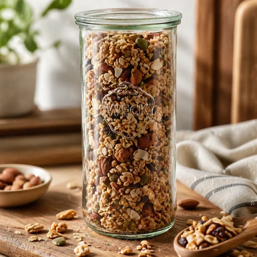 WECK RR100 1500ml voorraadpot gevuld met noten, muesli en gedroogd fruit op een houten tafel Keuken voorraadpot