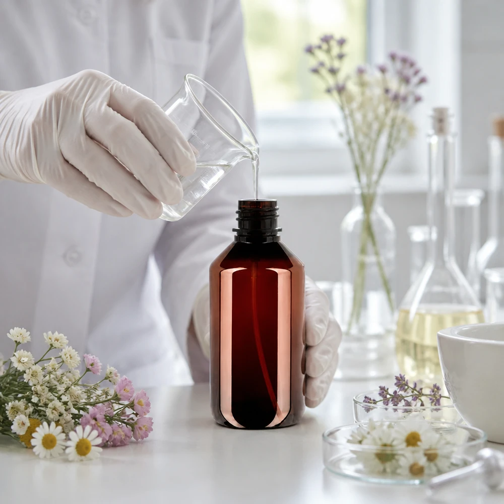 200ml PET Flasche mit schwarzem Sprühkopf für Naturextrakte und botanische Pflegeformulierungen