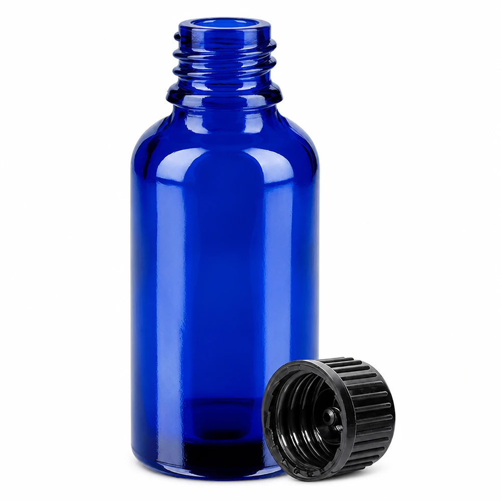 30ml fles 11mm SV zwart STD BlueLine UT18/30 Handig glazen flesje van 30 ml met UV-bescherming dankzij blauw glas en stevige zwarte dop