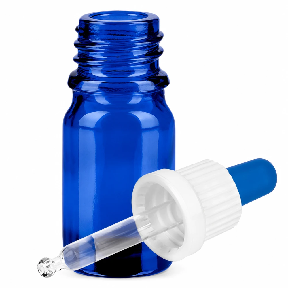 Hoogwaardige 5ml druppelflacon van UV-beschermend blauw glas met pipethouder