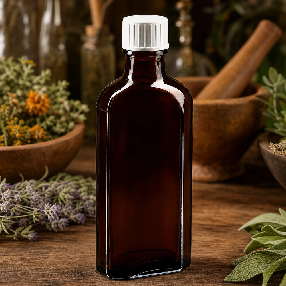 100 ml bruine meplatfles met DIN 22 monding, inclusief schroefsluiting DIN 22 wit met gietring Aromatherapie-voorraadflesje 100 ml, Meplat bruin, met schroefdop en lavendelversiering