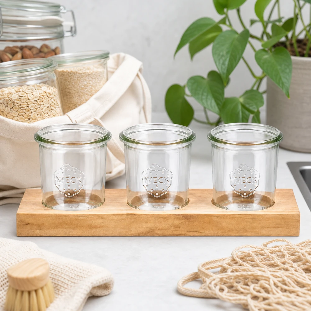 Lege WECK 140 ml bekers op Plano3 houten serveerplank in duurzame zero-waste keuken met natuurlijke vezels
