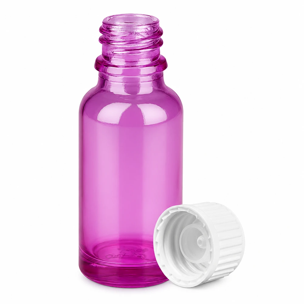 Handig glazen flesje van 20 ml in een heldere paarse kleur met een stevige witte dop