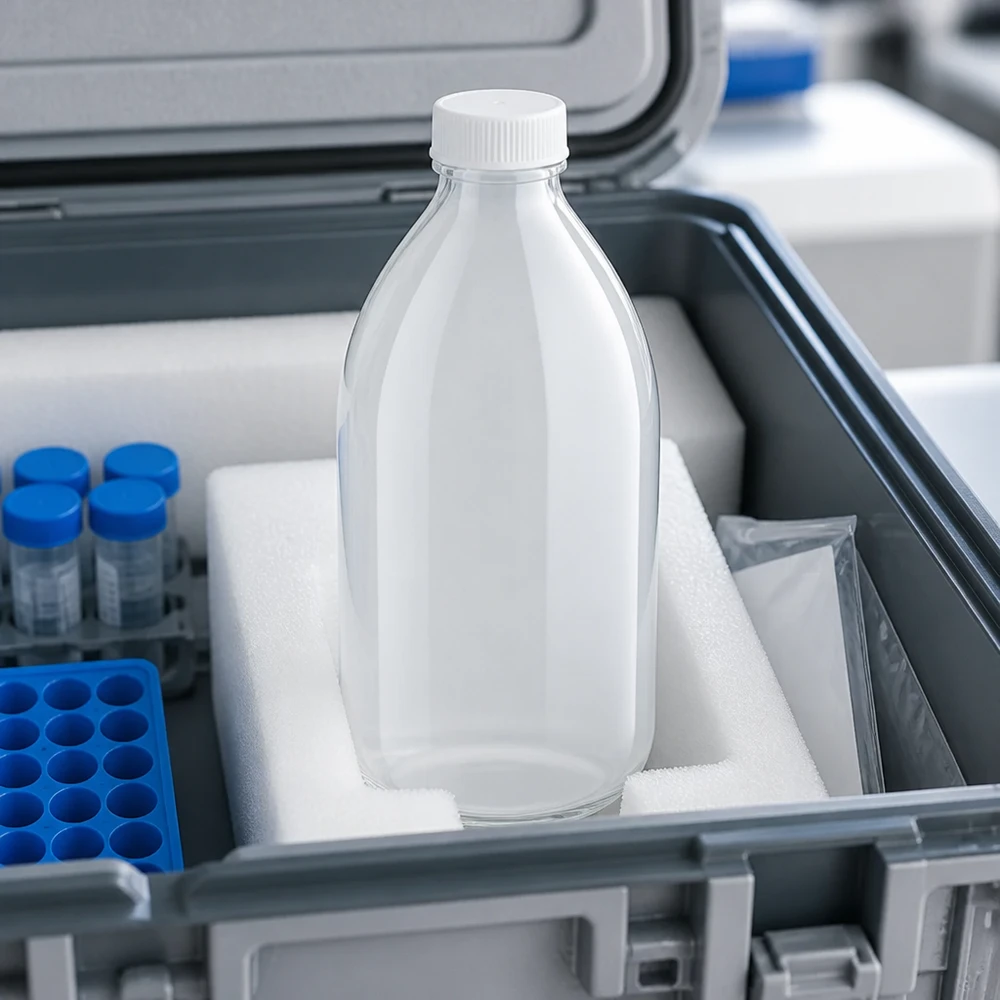 Nauwe hals laboratoriumfles 500ml zonder sluiting Laboratoriumfles met smalle hals van 500 ml zonder dop, in een schuimrubberen houder voor veilig transport van monsters