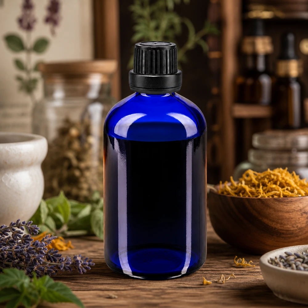 Glasfles met UV-bescherming, 100 ml, blauw met zwarte dop, voor natuurlijke geneesmiddelen en tincturen