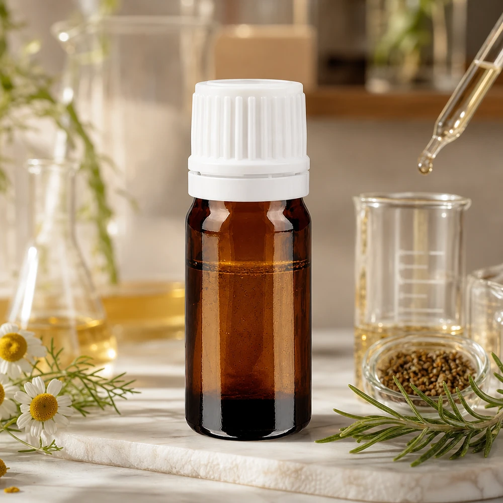 5 ml bruine fles, OV wit, met UV-beschermend glas, ideaal voor het bewaren van gevoelige plantenextracten