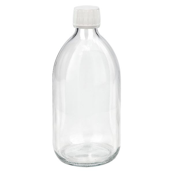 500ml Euro-medicijnfles helder met witte schroefsluiting VR 500ml Euro-medicijnfles helder met witte schroefsluiting VR