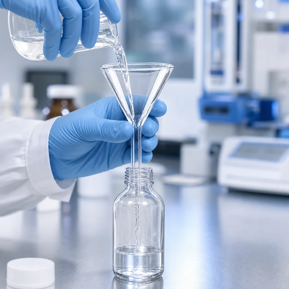 Korte laboratoriumtrechter van borosilicaatglas 35 mm voor nauwkeurig decanteren in laboratoriumflessen