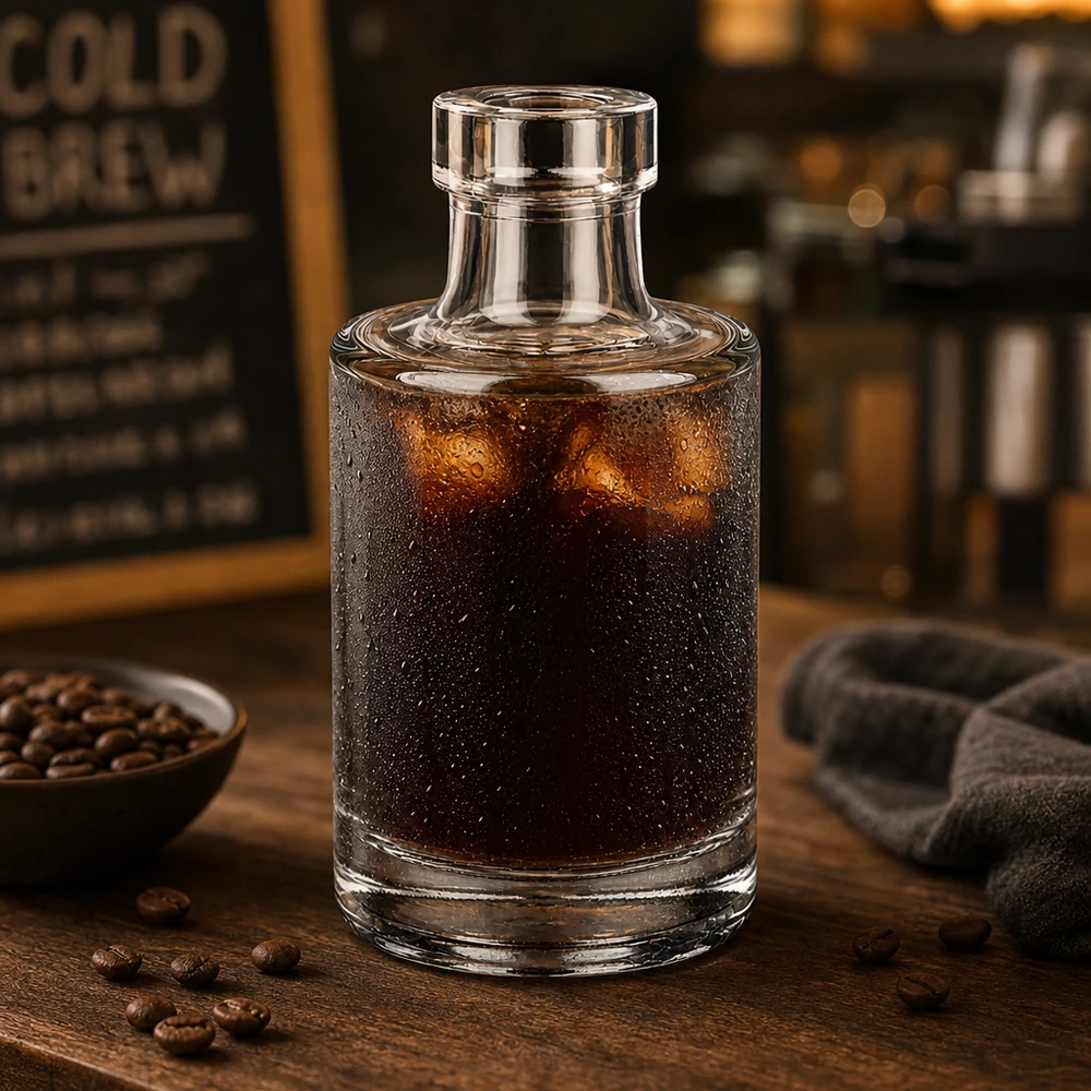100 ml glazen fles Marie zonder sluiting UNiTWIST® 100ml Glasflasche Marie mit Cold Brew Kaffee gefüllt neben Kaffeebohnen in gemütlicher Café-Atmosphäre