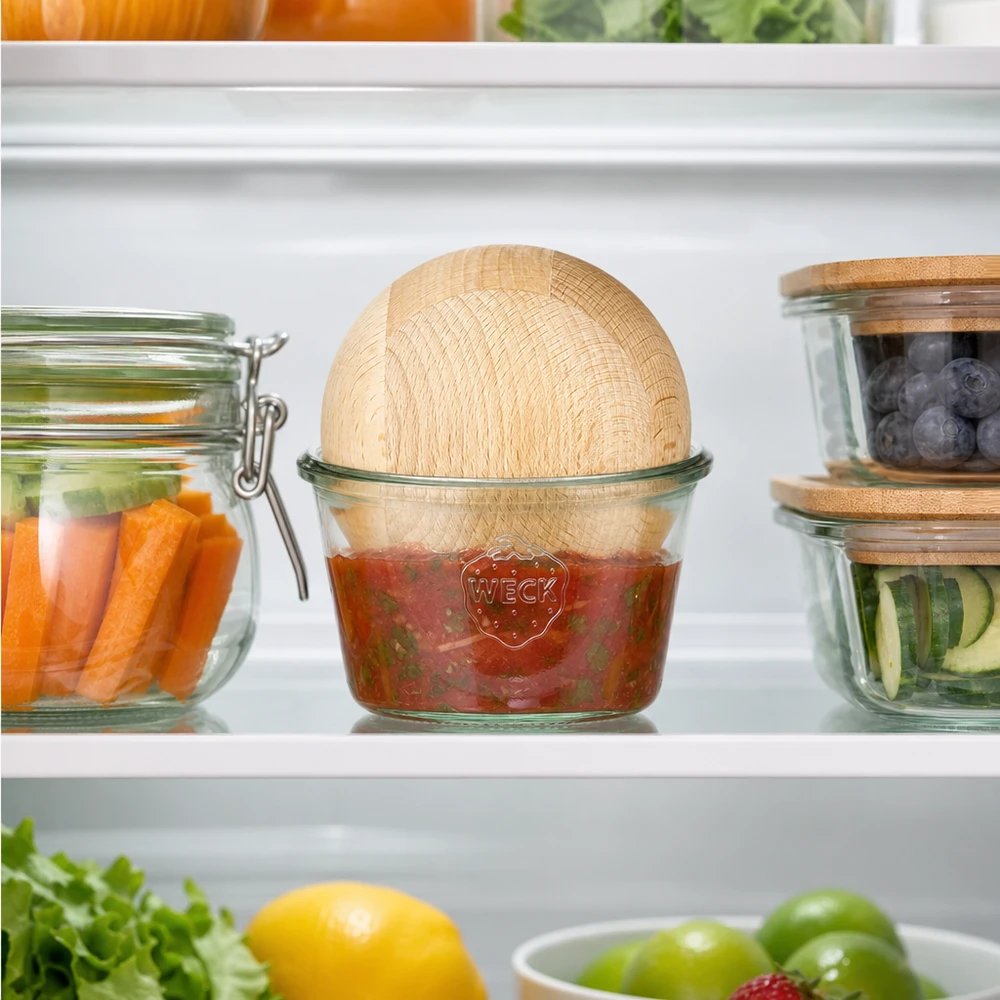 WECK RR100 Koelkast voorraadpot 370ml Salsa Dip Beukenbol naast groenten verse ingrediënten