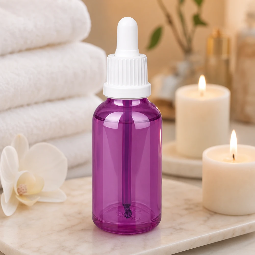 Compact violet druppelflesje 30ml met witte OV-dop voor etherische oliën en extracten